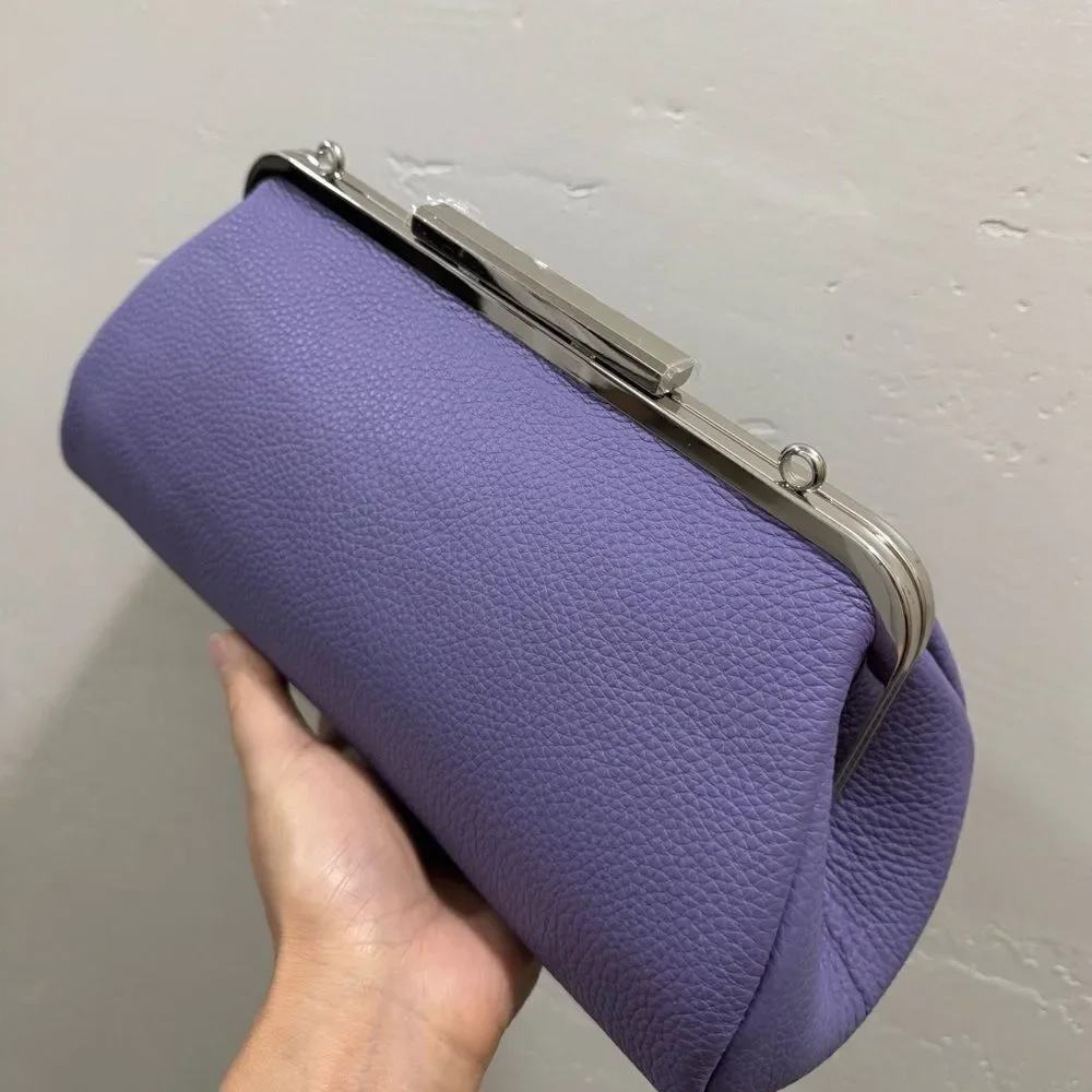 Purple Pebble Calfskin Leather Handmade Push Lock Baguette Bag, Multi Use Style